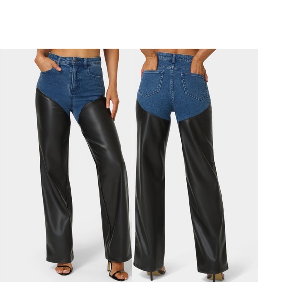 Bebe High Rise Mixed Media Wide Leg Jeans